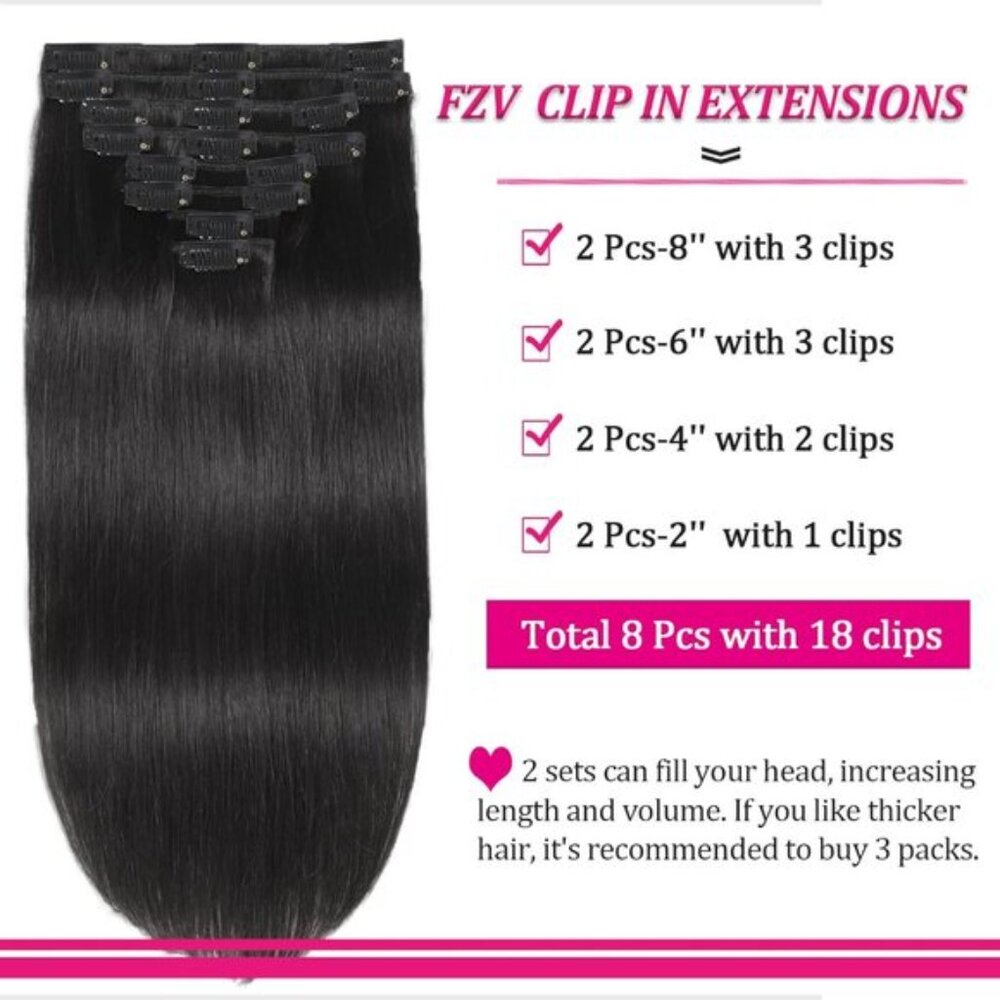 8PCS 120g Natural Black Human Hair Clip-in Extensions 20" Straight Double Weft - Picture 4 of 8